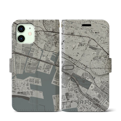 【谷津（千葉県）】地図柄iPhoneケース（手帳タイプ）モノトーン・iPhone 12 mini 用