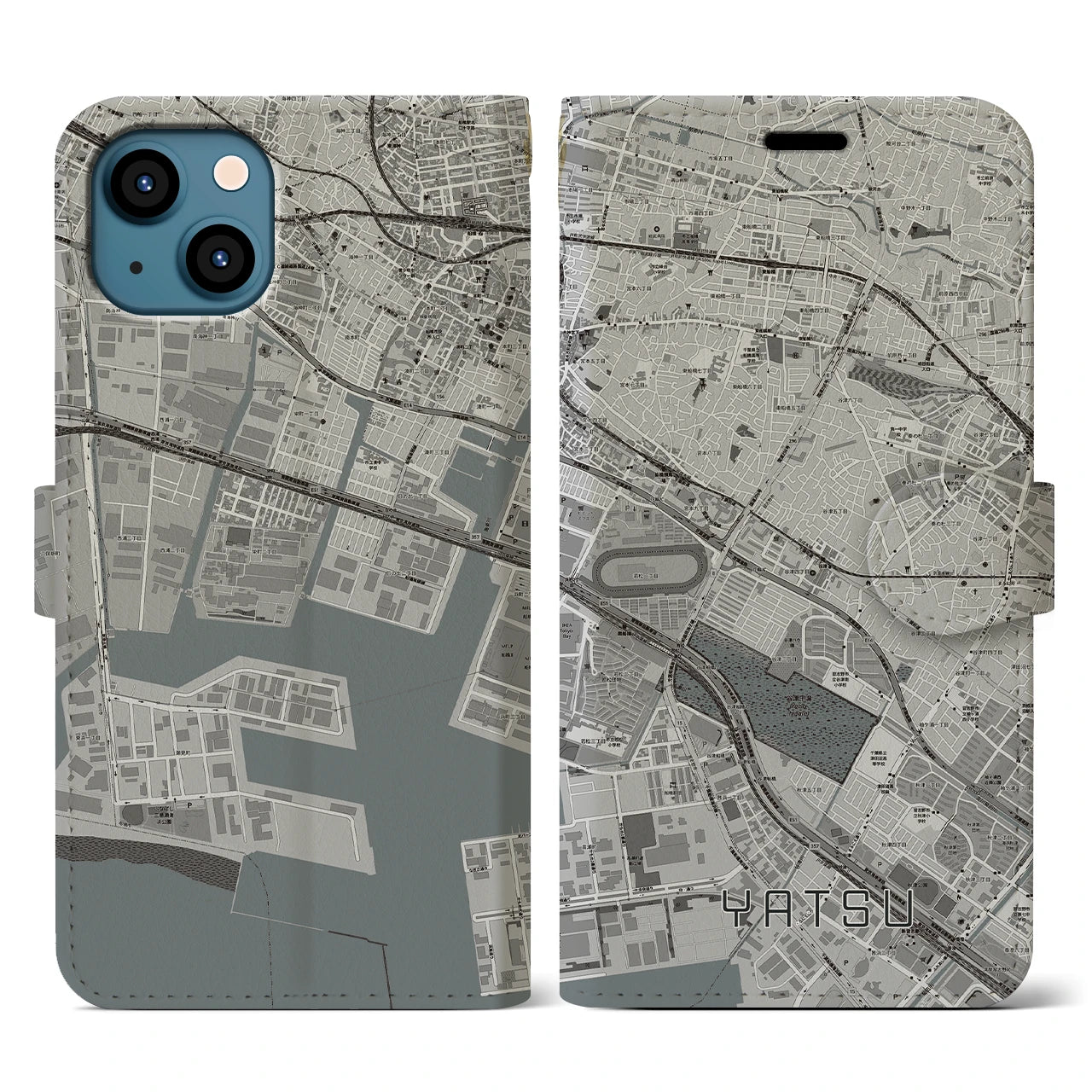 【谷津】地図柄iPhoneケース（手帳両面タイプ・モノトーン）iPhone 13 用