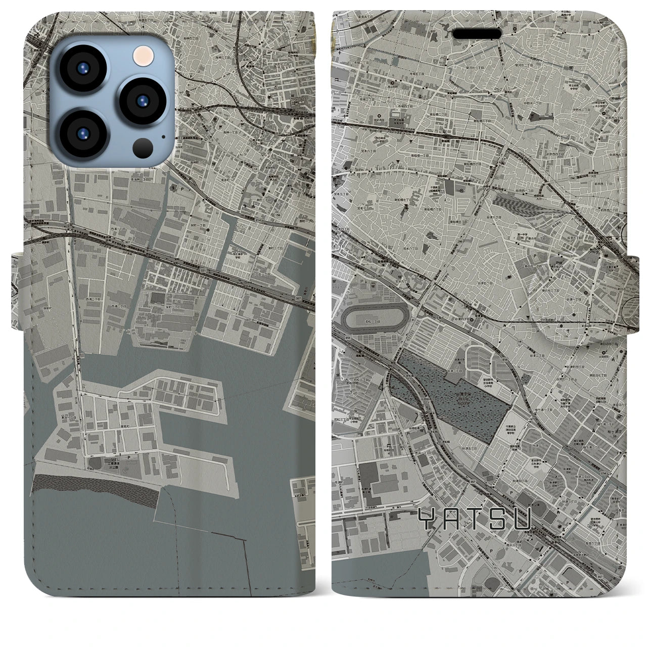 【谷津】地図柄iPhoneケース（手帳両面タイプ・モノトーン）iPhone 13 Pro Max 用