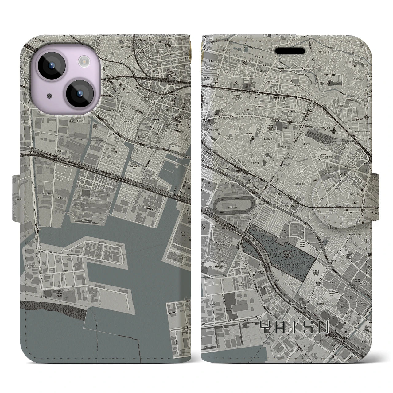 【谷津】地図柄iPhoneケース（手帳両面タイプ・モノトーン）iPhone 14 用