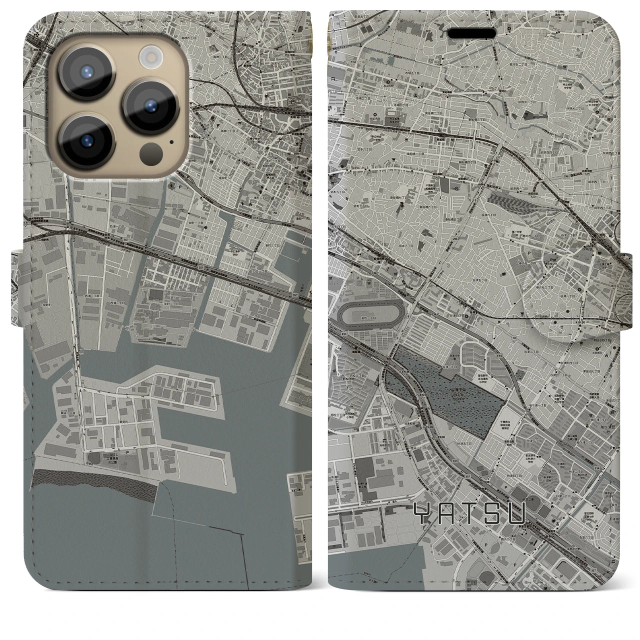 【谷津】地図柄iPhoneケース（手帳両面タイプ・モノトーン）iPhone 14 Pro Max 用