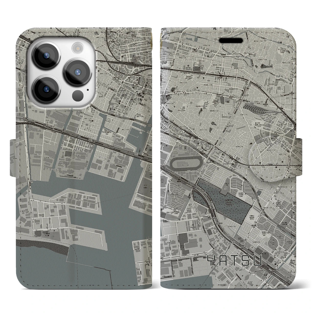 【谷津】地図柄iPhoneケース（手帳両面タイプ・モノトーン）iPhone 14 Pro 用