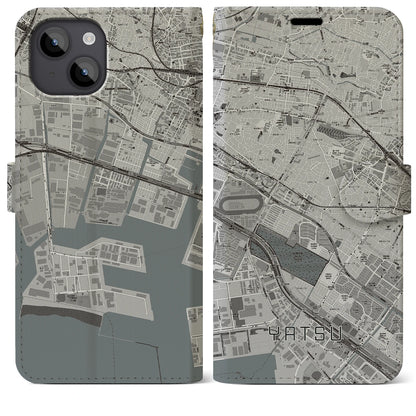 【谷津（千葉県）】地図柄iPhoneケース（手帳タイプ）モノトーン・iPhone 14 Plus 用