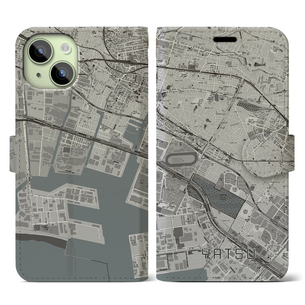 【谷津】地図柄iPhoneケース（手帳両面タイプ・モノトーン）iPhone 15 用
