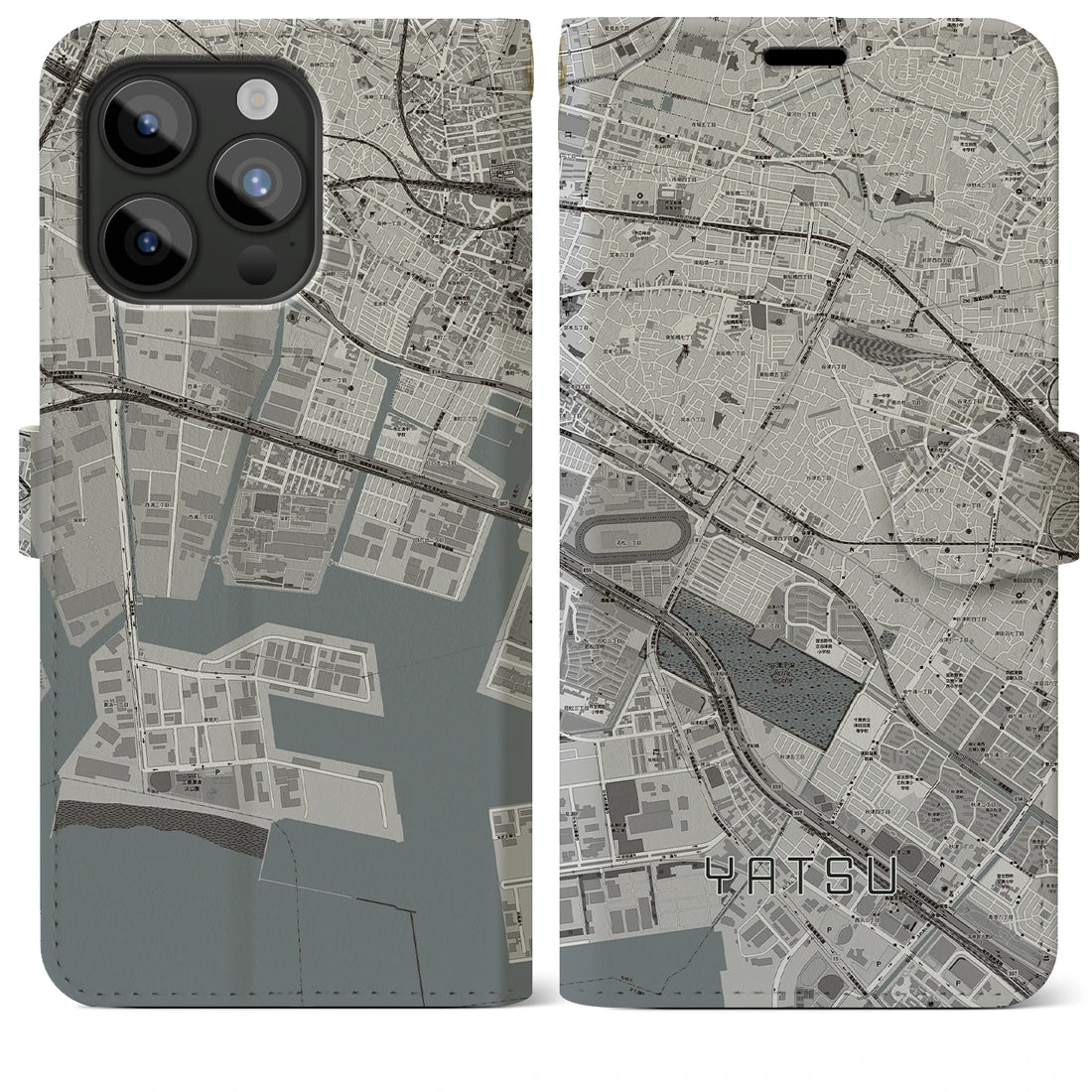 【谷津】地図柄iPhoneケース（手帳両面タイプ・モノトーン）iPhone 15 Pro Max 用