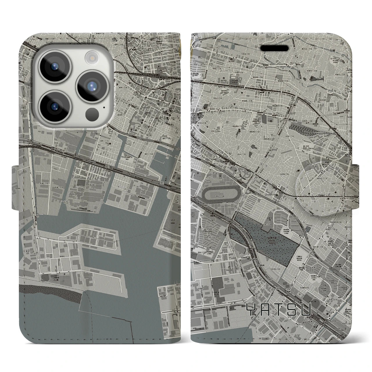 【谷津】地図柄iPhoneケース（手帳両面タイプ・モノトーン）iPhone 15 Pro 用
