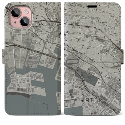 【谷津（千葉県）】地図柄iPhoneケース（手帳タイプ）モノトーン・iPhone 15 Plus 用