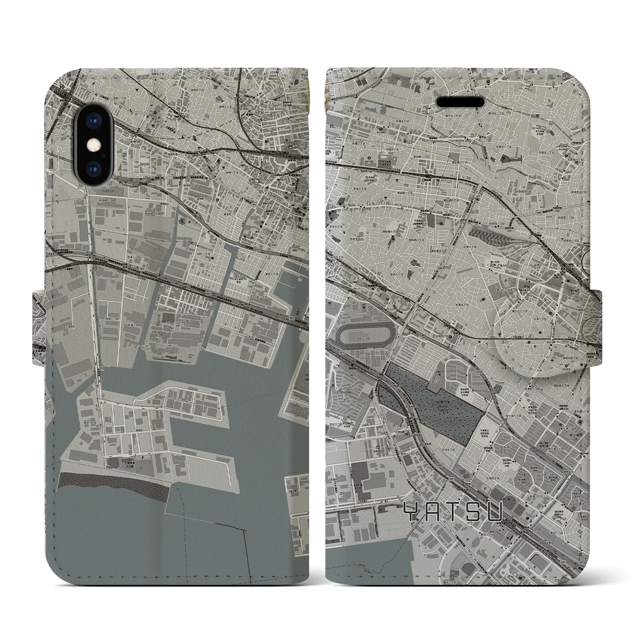 【谷津】地図柄iPhoneケース（手帳両面タイプ・モノトーン）iPhone XS / X 用