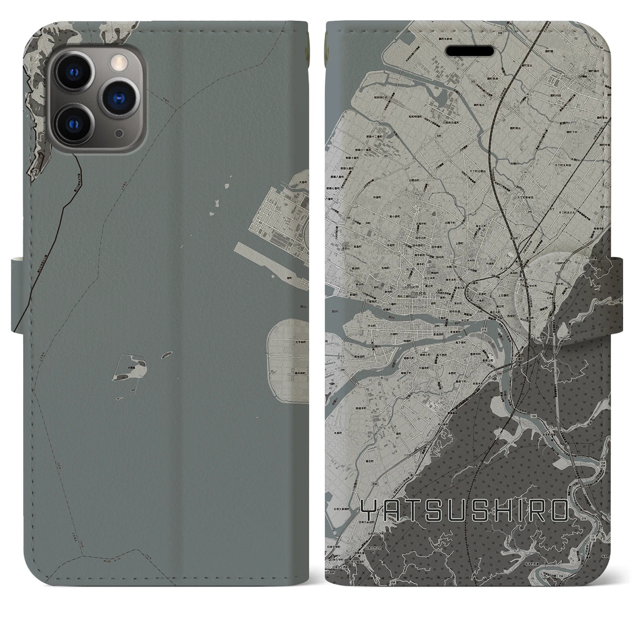 【八代】地図柄iPhoneケース（手帳両面タイプ・モノトーン）iPhone 11 Pro Max 用