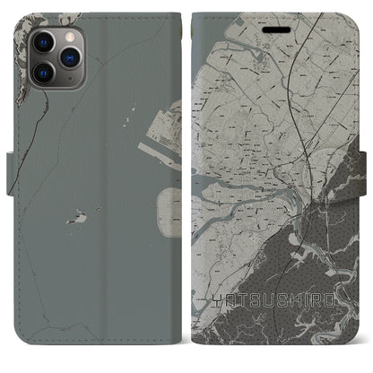 【八代（熊本県）】地図柄iPhoneケース（手帳タイプ）モノトーン・iPhone 11 Pro Max 用