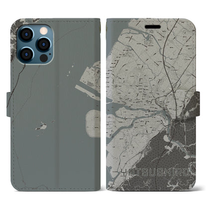 【八代（熊本県）】地図柄iPhoneケース（手帳タイプ）モノトーン・iPhone 12 / 12 Pro 用