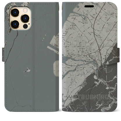 【八代（熊本県）】地図柄iPhoneケース（手帳タイプ）モノトーン・iPhone 12 Pro Max 用