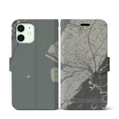 【八代（熊本県）】地図柄iPhoneケース（手帳タイプ）モノトーン・iPhone 12 mini 用