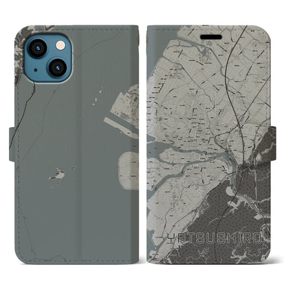 【八代（熊本県）】地図柄iPhoneケース（手帳タイプ）モノトーン・iPhone 13 用