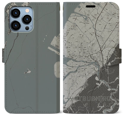 【八代（熊本県）】地図柄iPhoneケース（手帳タイプ）モノトーン・iPhone 13 Pro Max 用