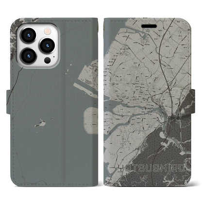 【八代（熊本県）】地図柄iPhoneケース（手帳タイプ）モノトーン・iPhone 13 Pro 用