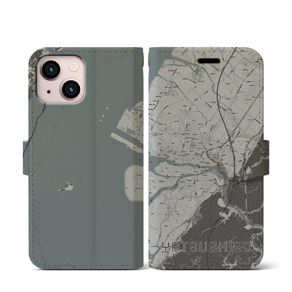 【八代（熊本県）】地図柄iPhoneケース（手帳タイプ）モノトーン・iPhone 13 mini 用