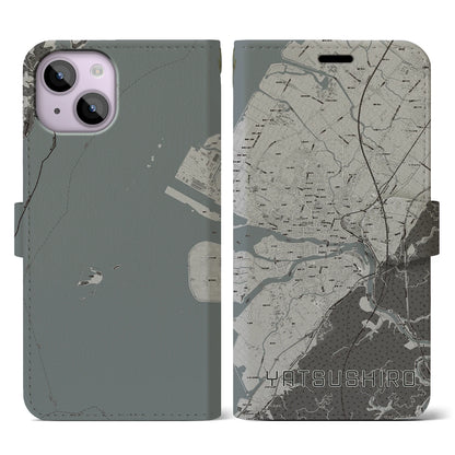 【八代（熊本県）】地図柄iPhoneケース（手帳タイプ）モノトーン・iPhone 14 用