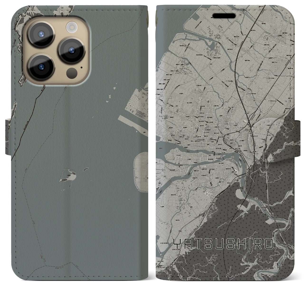 【八代】地図柄iPhoneケース（手帳両面タイプ・モノトーン）iPhone 14 Pro Max 用