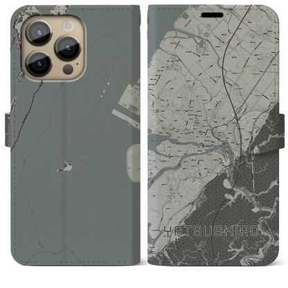 【八代（熊本県）】地図柄iPhoneケース（手帳タイプ）モノトーン・iPhone 14 Pro Max 用