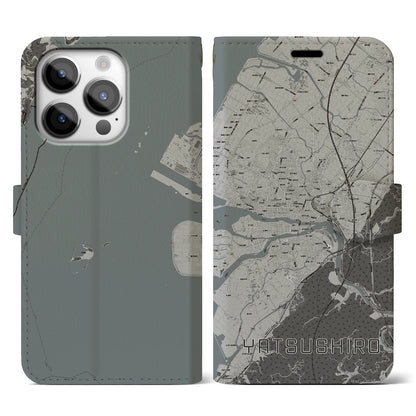 【八代（熊本県）】地図柄iPhoneケース（手帳タイプ）モノトーン・iPhone 14 Pro 用