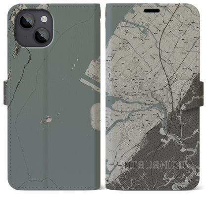 【八代（熊本県）】地図柄iPhoneケース（手帳タイプ）モノトーン・iPhone 14 Plus 用