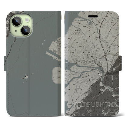 【八代（熊本県）】地図柄iPhoneケース（手帳タイプ）モノトーン・iPhone 15 用