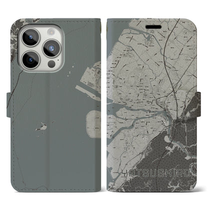 【八代（熊本県）】地図柄iPhoneケース（手帳タイプ）モノトーン・iPhone 15 Pro 用