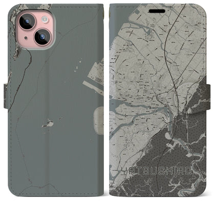 【八代（熊本県）】地図柄iPhoneケース（手帳タイプ）モノトーン・iPhone 15 Plus 用