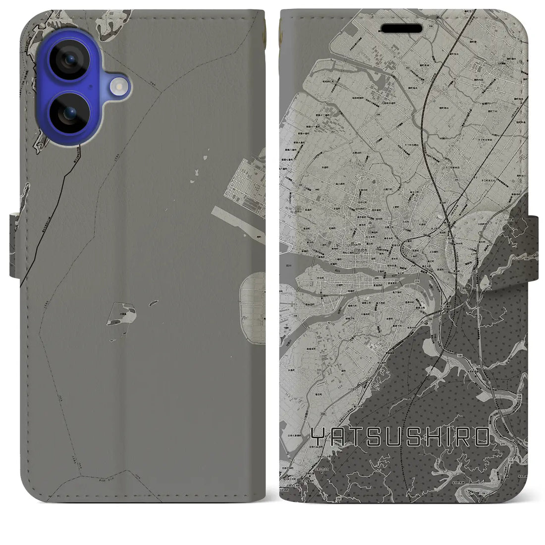 【八代(熊本県)】地図柄iPhoneケース(手帳タイプ)モノトーン・iPhone 16 Pro Max 用