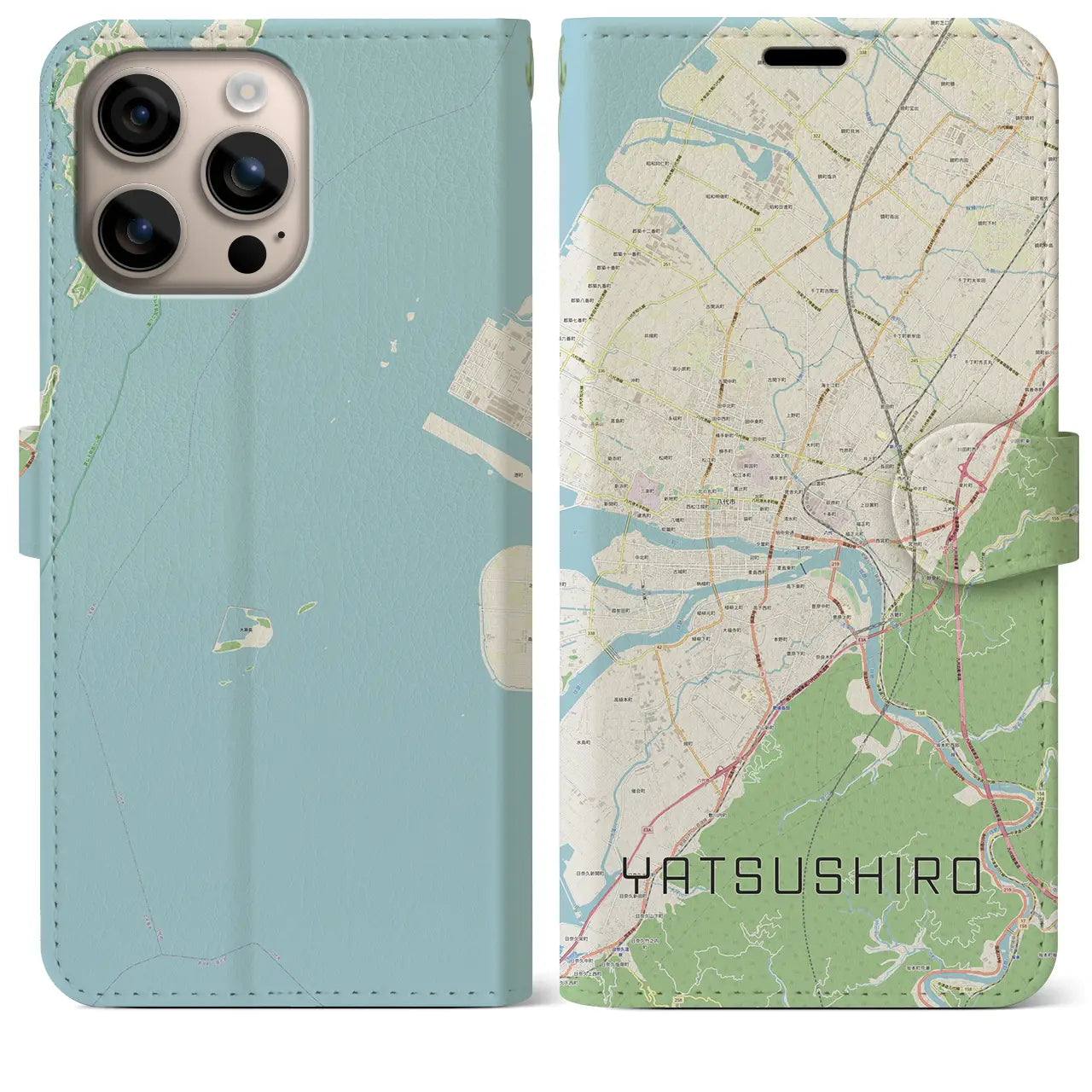 【八代（熊本県）】地図柄iPhoneケース（手帳タイプ）ナチュラル・iPhone 16 Plus 用