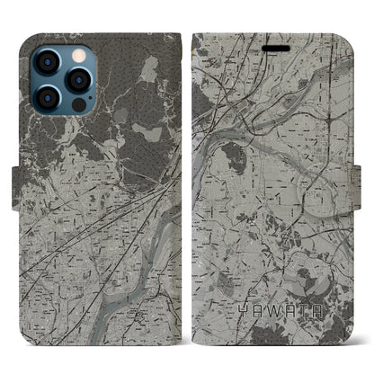 【八幡（京都府）】地図柄iPhoneケース（手帳タイプ）モノトーン・iPhone 12 / 12 Pro 用