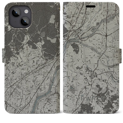 【八幡（京都府）】地図柄iPhoneケース（手帳タイプ）モノトーン・iPhone 14 Plus 用