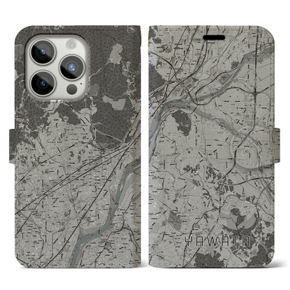 【八幡（京都府）】地図柄iPhoneケース（手帳タイプ）モノトーン・iPhone 15 Pro 用