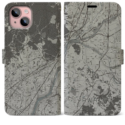 【八幡（京都府）】地図柄iPhoneケース（手帳タイプ）モノトーン・iPhone 15 Plus 用