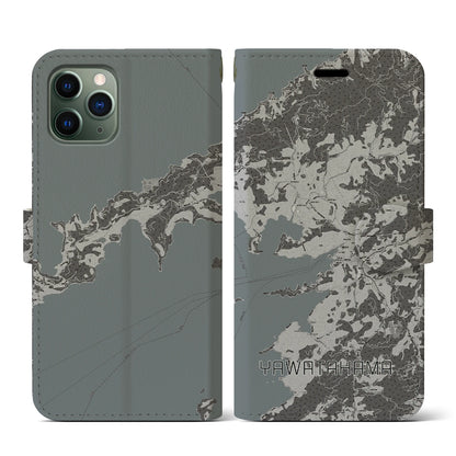 【八幡浜（愛媛県）】地図柄iPhoneケース（手帳タイプ）モノトーン・iPhone 11 Pro 用