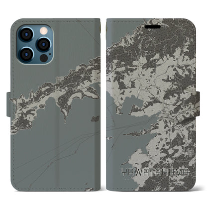 【八幡浜（愛媛県）】地図柄iPhoneケース（手帳タイプ）モノトーン・iPhone 12 / 12 Pro 用