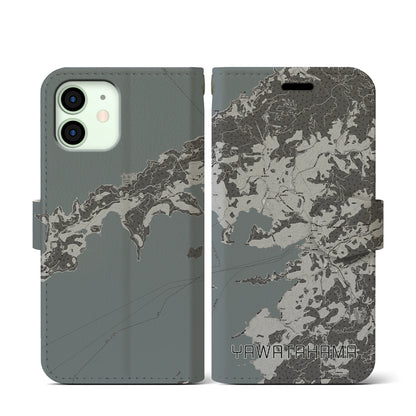 【八幡浜（愛媛県）】地図柄iPhoneケース（手帳タイプ）モノトーン・iPhone 12 mini 用