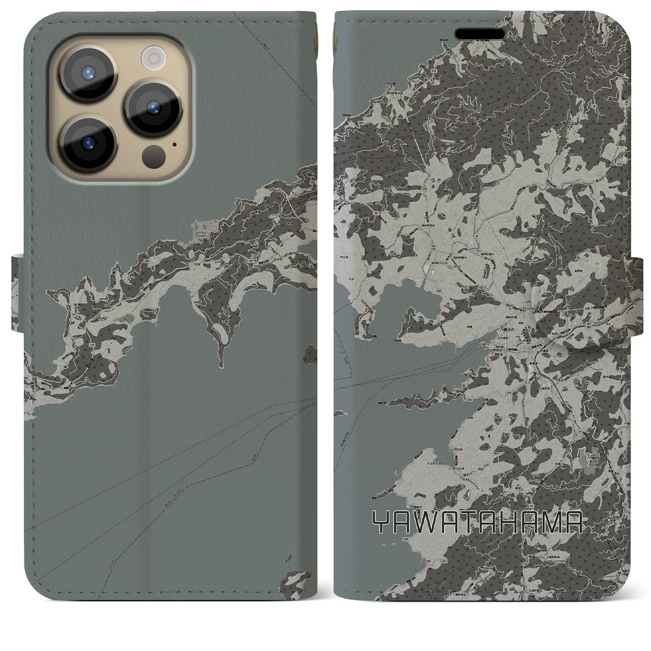 【八幡浜】地図柄iPhoneケース（手帳両面タイプ・モノトーン）iPhone 14 Pro Max 用