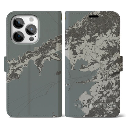 【八幡浜（愛媛県）】地図柄iPhoneケース（手帳タイプ）モノトーン・iPhone 14 Pro 用