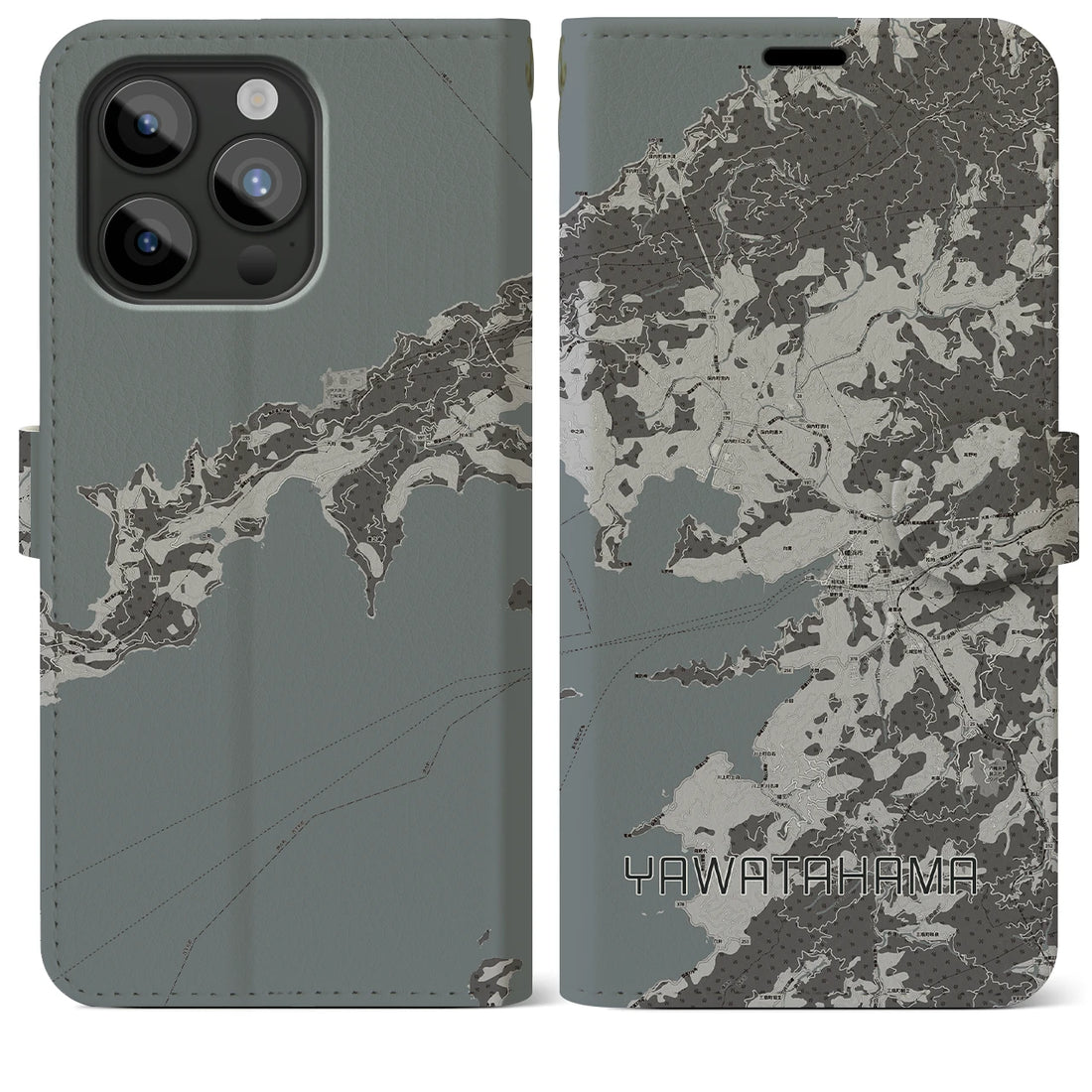 【八幡浜】地図柄iPhoneケース（手帳両面タイプ・モノトーン）iPhone 15 Pro Max 用