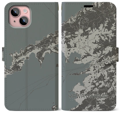 【八幡浜（愛媛県）】地図柄iPhoneケース（手帳タイプ）モノトーン・iPhone 15 Plus 用