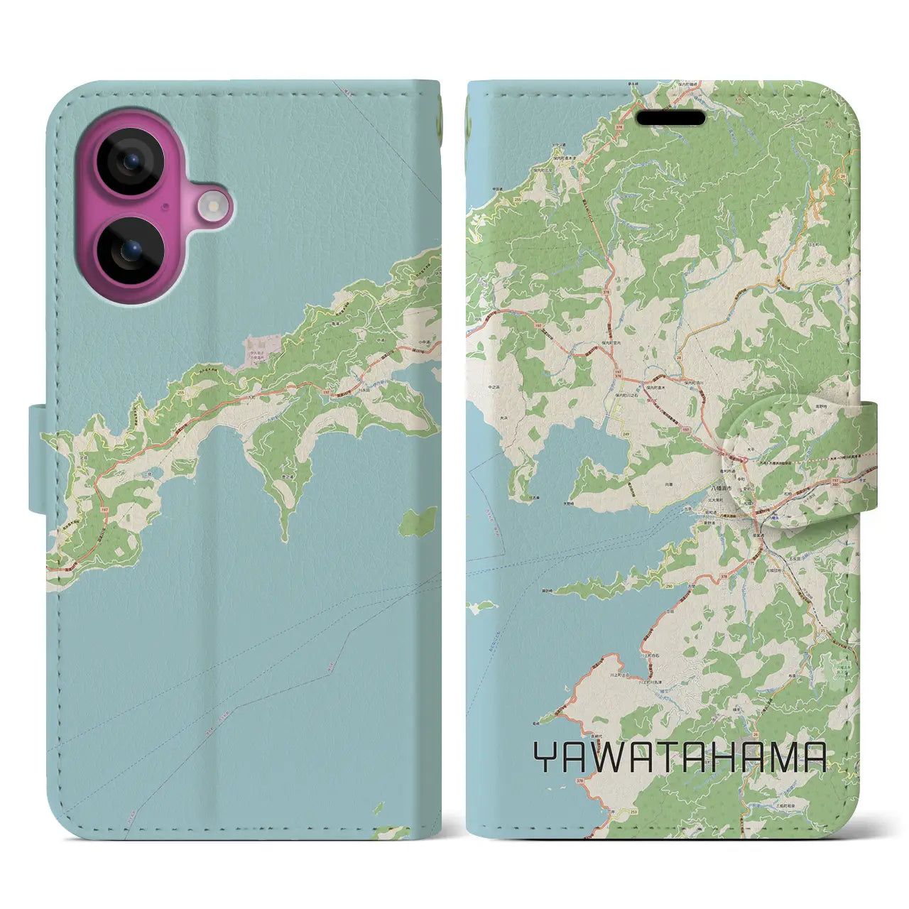 【八幡浜（愛媛県）】地図柄iPhoneケース（手帳タイプ）ナチュラル・iPhone 16 Pro 用