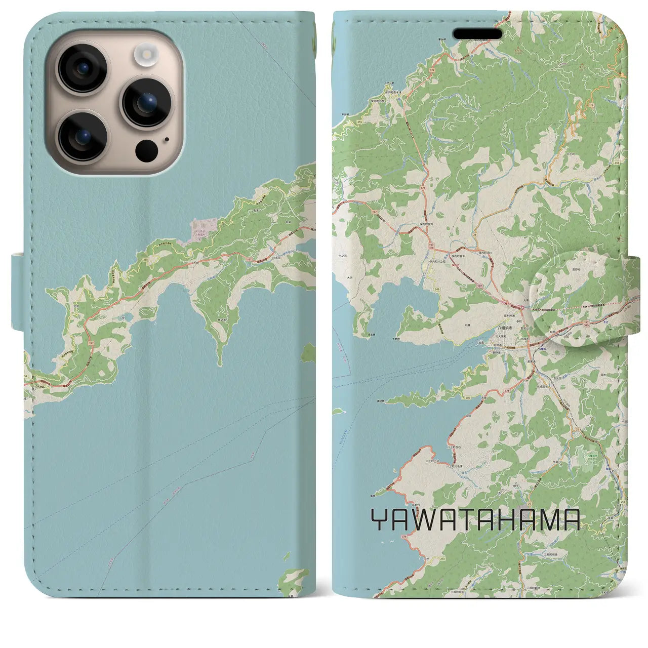 【八幡浜（愛媛県）】地図柄iPhoneケース（手帳タイプ）ナチュラル・iPhone 16 Plus 用