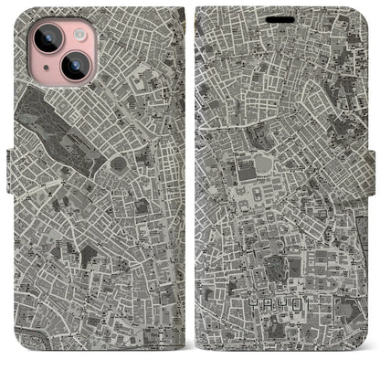 【弥生（東京都）】地図柄iPhoneケース（手帳タイプ）モノトーン・iPhone 15 Plus 用