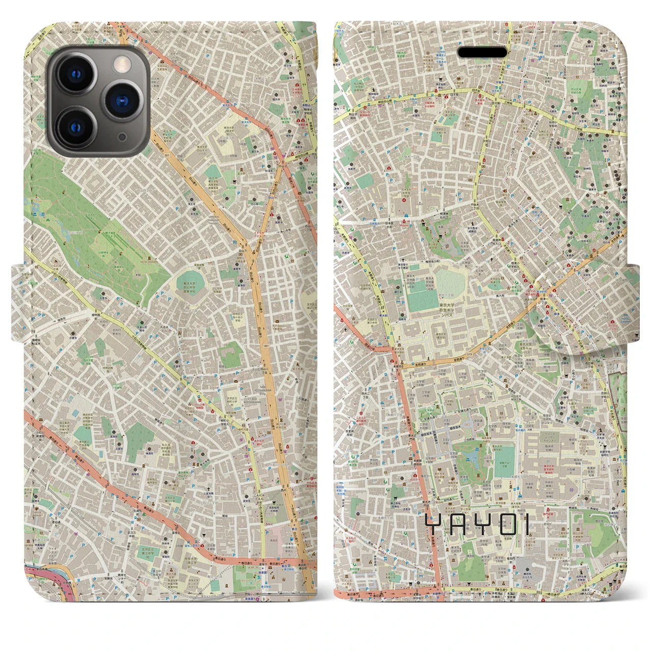 【弥生（東京都）】地図柄iPhoneケース（手帳タイプ）ナチュラル・iPhone 11 Pro Max 用