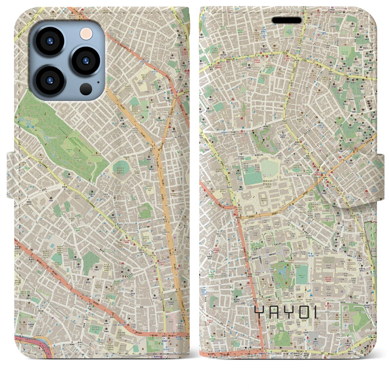 【弥生（東京都）】地図柄iPhoneケース（手帳タイプ）ナチュラル・iPhone 13 Pro Max 用