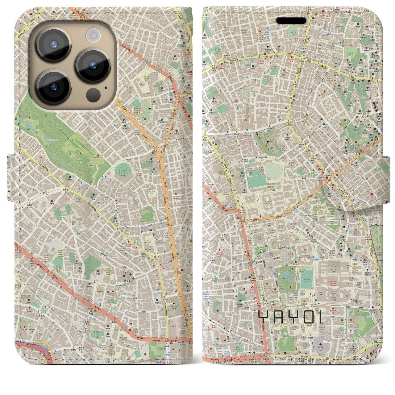 【弥生】地図柄iPhoneケース（手帳両面タイプ・ナチュラル）iPhone 14 Pro Max 用