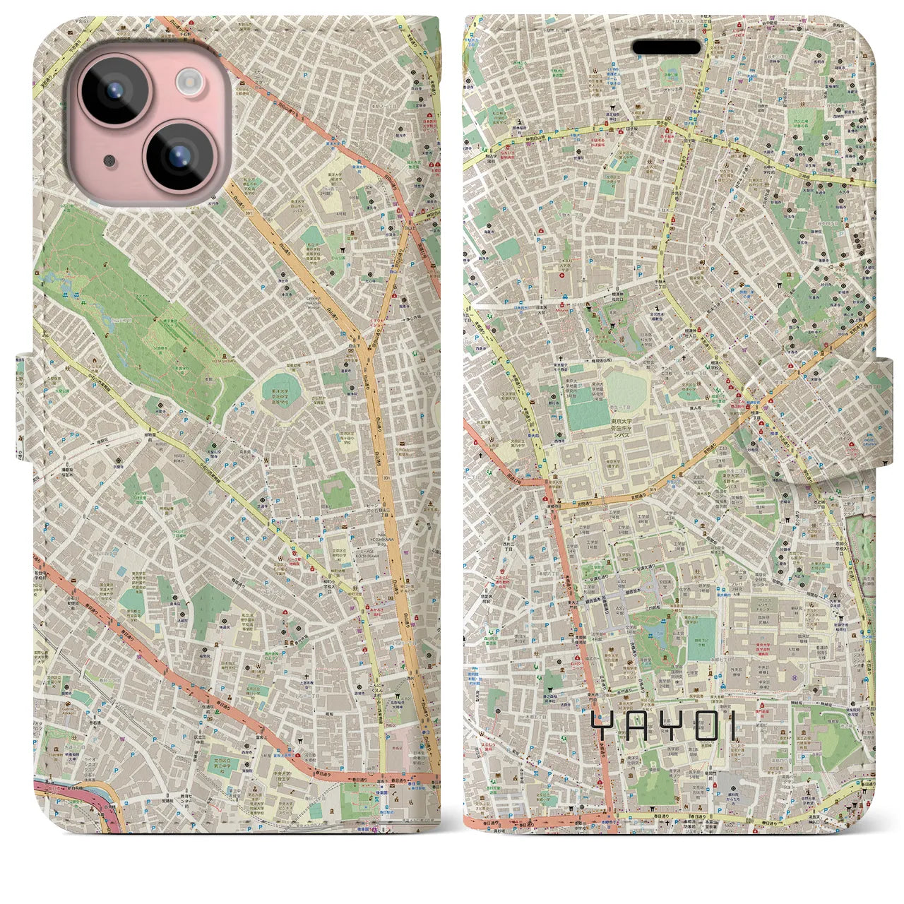 【弥生（東京都）】地図柄iPhoneケース（手帳タイプ）ナチュラル・iPhone 15 Plus 用