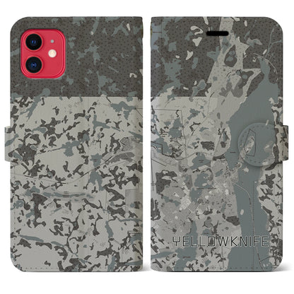 【イエローナイフ（カナダ）】地図柄iPhoneケース（手帳タイプ）モノトーン・iPhone 11 用